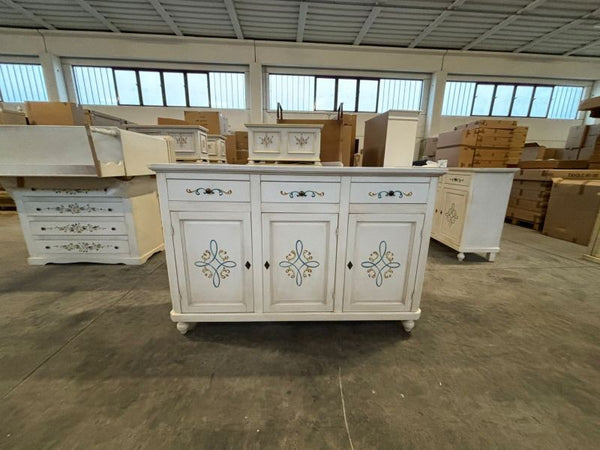 MOBILI 2G - Credenza 3 porte legno shabby bianco anticato decori 150X43X98