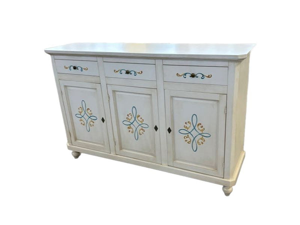 MOBILI 2G - Credenza 3 porte legno shabby bianco anticato decori 150X43X98