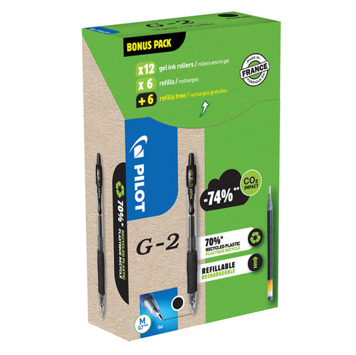 Green Pack 12Penne + 12 Refill Roller Gel Scatto G-2 0,7Mm Nero Pilot