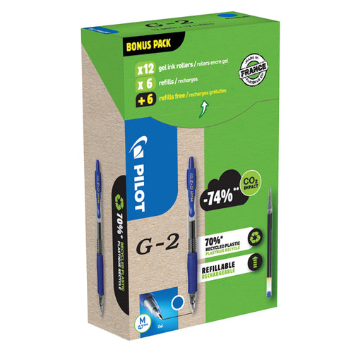 Green Pack 12Penne + 12 Refill Roller Gel Scatto G-2 0,7Mm Blu Pilot