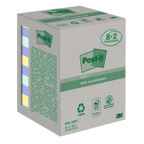 Valuepack 10 Blocchi 100Fg Post-It Carta Ricic.Colori Pastel 76X76Mm 654-Rcp10