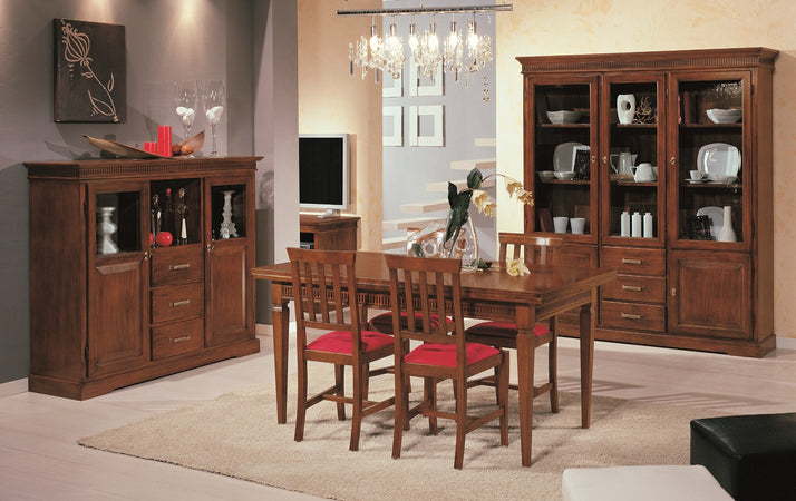MOBILI 2G - Credenza vetrina arte povera 2 porte 3 cassetti legno tinta noce 150x47x130 (1220)