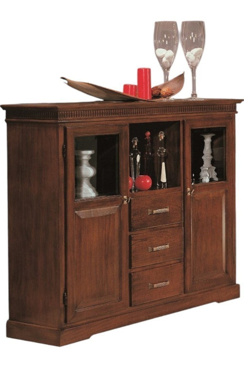 MOBILI 2G - Credenza vetrina arte povera 2 porte 3 cassetti legno tinta noce 150x47x130 (1220)