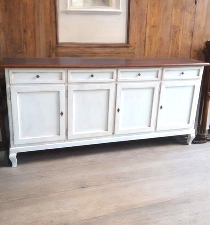 MOBILI 2G - Madia credenza 4 porte legno shabby bianco e noce 205x45x98