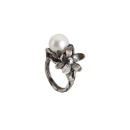 Anello In Argento Brunito Con Perla Naturale  E Ninfea - Bottega Boccadamo