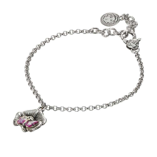 Bracciale In Argento Brunito Con Fiore Di Ciligio Pendente E Farfalla Dipinta A Mano - Bottega Boccadamo