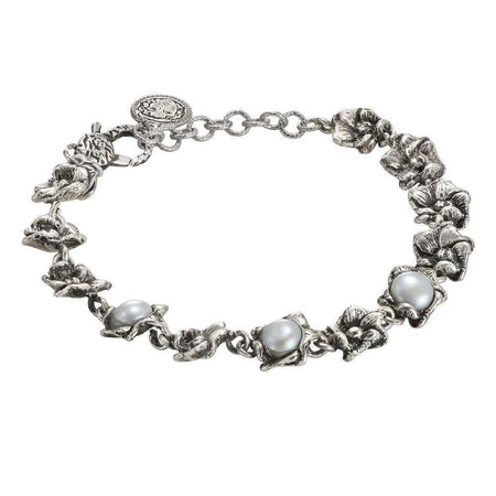 Bracciale In Argentyo Brunito Con Fiori Di Ciliegio E Perle Naturali - Bottega Boccadamo