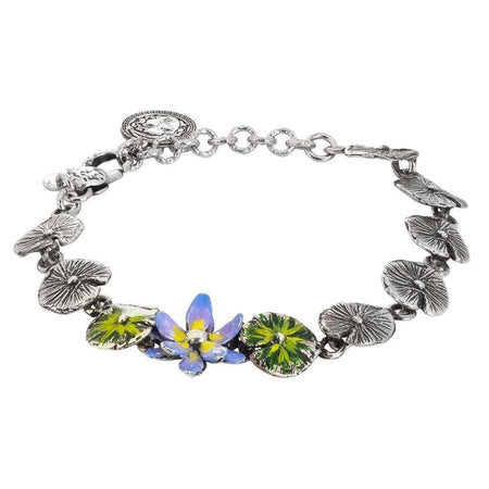 Bracciale In Argento Brunito Composto Da Foglie Di Ninfea Dipinte E Fiore Di Ninfea Dipinto Di Lilla-Bottega Boccadamo