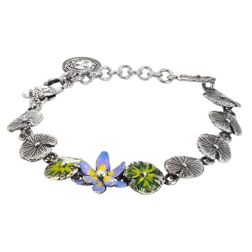 Bracciale In Argento Brunito Composto Da Foglie Di Ninfea Dipinte E Fiore Di Ninfea Dipinto Di Lilla-Bottega Boccadamo