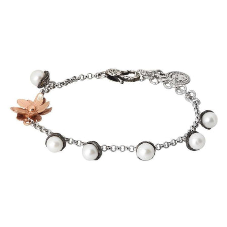 Bottega Boccadamo Bracciale In Argento Brunito Con Perle Naturali  E Fiore Di Ninfea Rosè