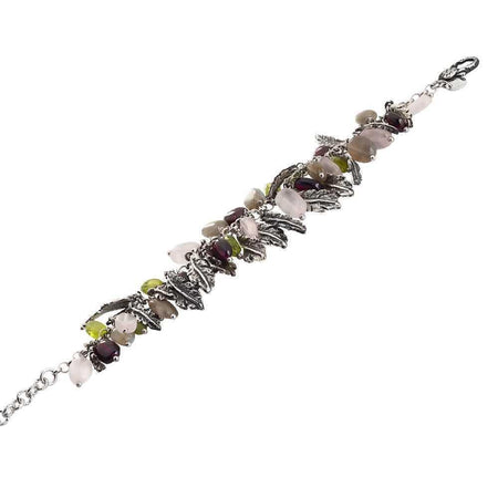 Bracciale In Argento Brunito Con Decoro Di Foglie Piuma E Pietre Dure Naturali - Bottega Boccadamo