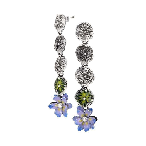 Orecchini Pendenti Con Foglie Di Ninfea Brunite E Dipinte A Mano E Fiore Di Ninfea Finale Dipinto Di Lilla-Bottega Boccadamo