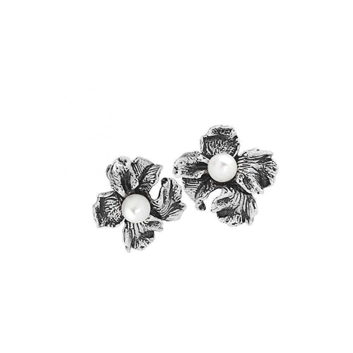 Orecchini Con Fiore Di Iris A Lobo In Argento Brunito E Perle Naturali - Bottega Boccadamo