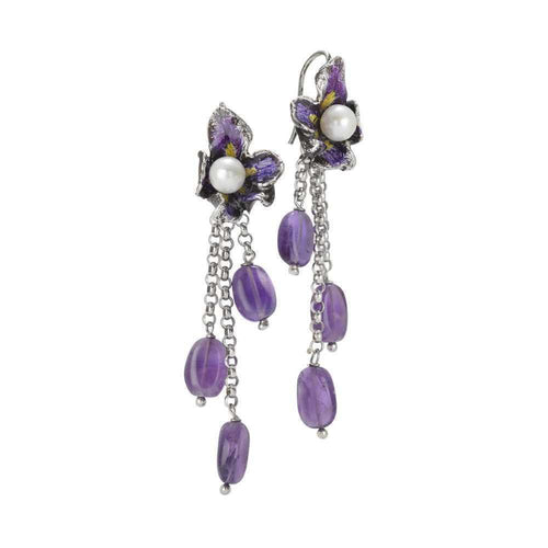 Orecchini A Ciuffetto Con Fiore Di Iris Dipinto A Mano, Perle Naturali  E Cristalli Ametista-Bottega Boccadamo