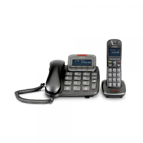 EMPORIA TH21ABB SET COMPOSTO DA TELEFONO CON FILO E CORDLESS DECT DISPLAY ILLUMINATO SEGRETERIA TELEFONICA NUMERI GRANDI VIVAVOCE COMPATIBILE CON APPARECCHI ACUSTICI HAC NERO
