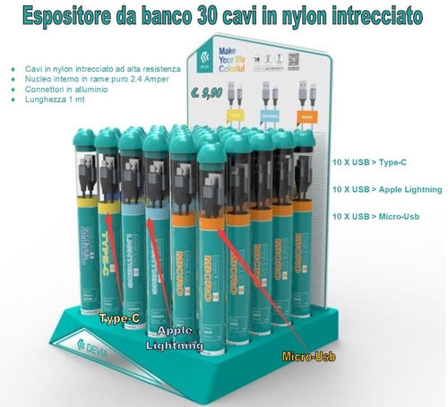 Espositore con 30 cavi 10 X Apple - Type-C - M-Usb