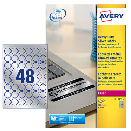 Poliestere Adesivo L6129 Argento 20Fg A4 D 30Mm(48Et/Fg Laser Avery