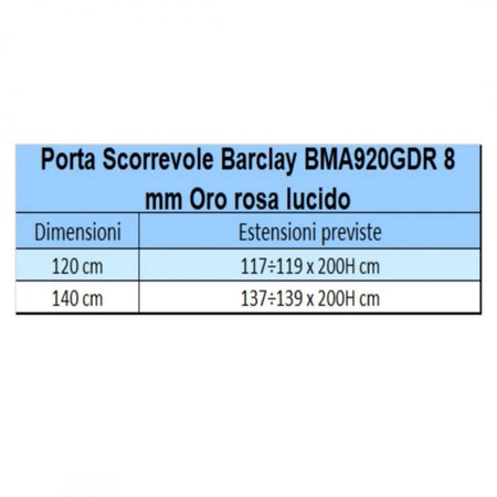 Porta Doccia Scorrevole Trasparente Anticalcare 8mm h200 BARCLAY ORO ROSA