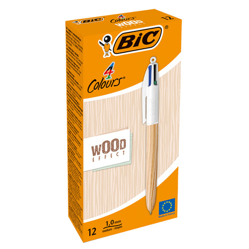 Scatola 12 Penna Sfera A Scatto 4 Colori Wood 1.0Mm Bic