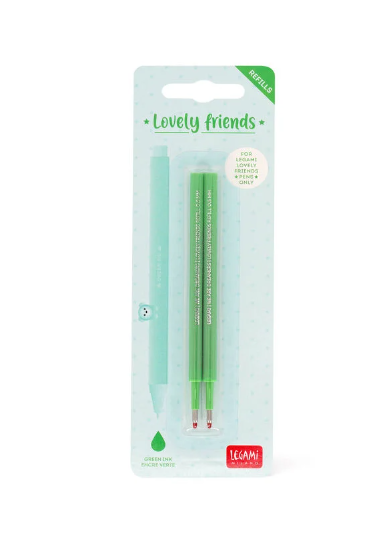 Legami, Set di 2 Refill per Penna Gel Lovely Friends - Inchiostro Verde