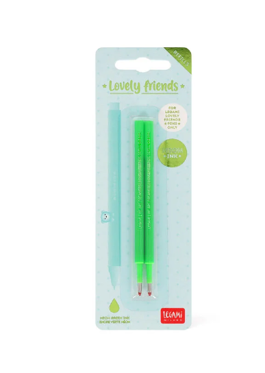 Legami, Set di 2 Refill per Penna Gel Lovely Friends - Inchiostro Verde Neon