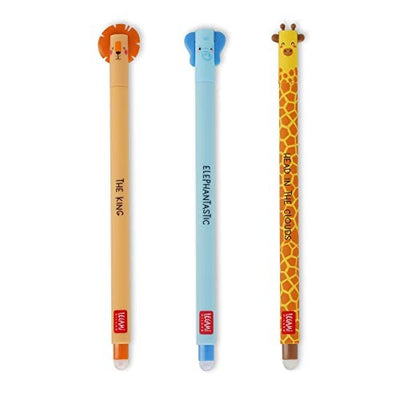 Legami- Set di 3 Penne Gel Cancellabili Wild Savannah con Lion, Elephant e Giraffe No Blister