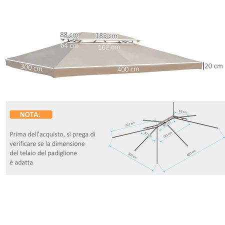 Copertura Ricambio per Gazebo 3x4 MT Idrorepellente Protezione UV Crema