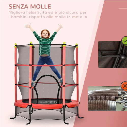 Tappeto Elastico Bambini con Rete di Sicurezza e Pali Imbottiti 163  H 163cm Rosso