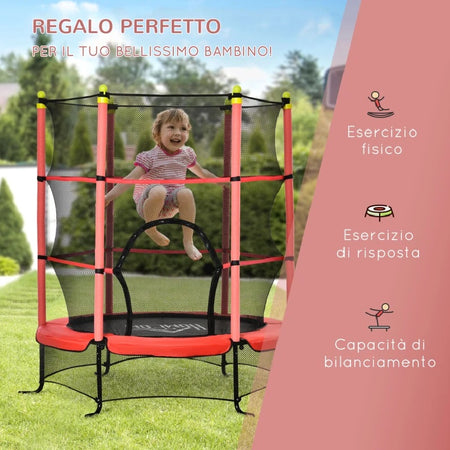 Tappeto Elastico Bambini con Rete di Sicurezza e Pali Imbottiti 163  H 163cm Rosso
