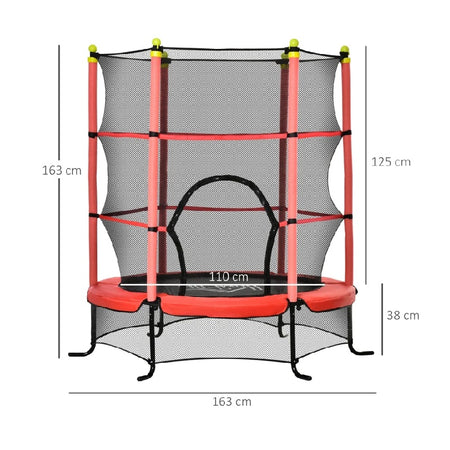 Tappeto Elastico Bambini con Rete di Sicurezza e Pali Imbottiti 163  H 163cm Rosso