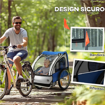 Rimorchio Bici Bambini 2 Posti Cinture di Sicurezza Telaio Acciaio e Copertura