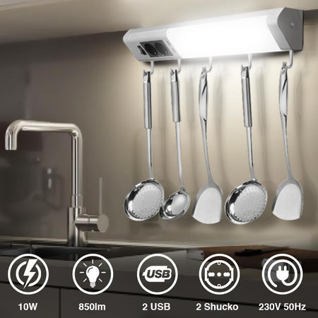 Lampada Sottopensile Cucina Guardaroba Officina Luce Led 2Prese 2USB 5ganci 52cm Alluminio