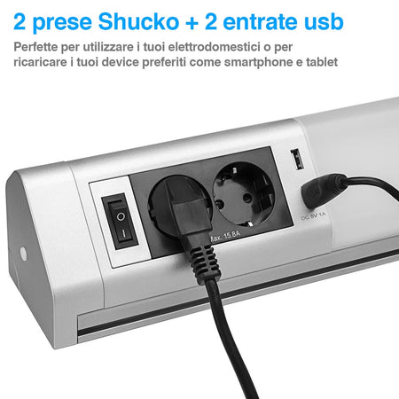 Lampada Sottopensile Cucina Guardaroba Officina Luce Led 2Prese 2USB 5ganci 52cm Alluminio