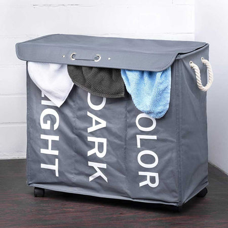 Porta Biancheria 3 Scomparti in tessuto Oxford 4 ruote Pieghevole 65x35x57cm Grigio