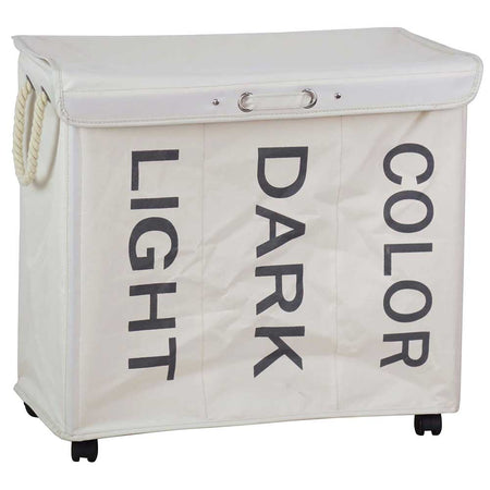 Porta Biancheria 3 Scomparti in tessuto Oxford 4 ruote Pieghevole 65x35x57cm Beige