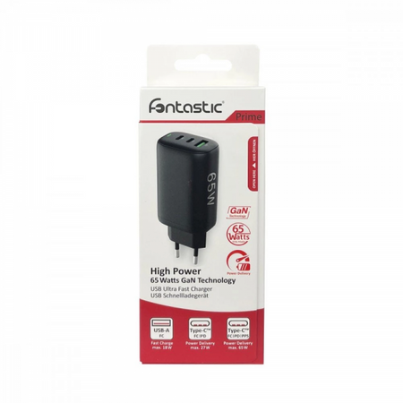 Caricabatterie GaN USB-A e 2 porte USB-C Power Delivery 65W Ricarica Rapida Nero
