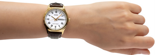 Orologio Casio da uomo, MTP-V006GL-7B, cinturino in pelle marrone, quadrante bianco con segna data e giorno della settimana