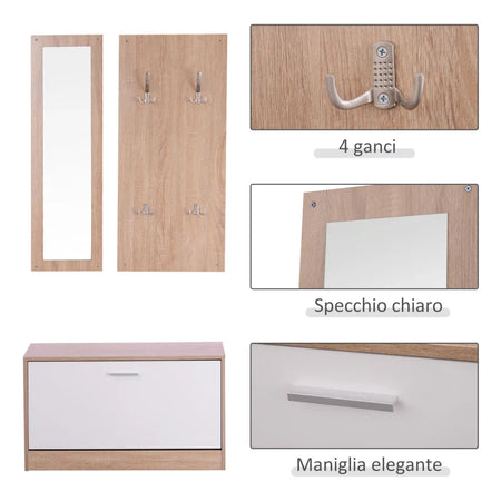 Mobile Ingresso Completo 3 Pezzi con Panca Scarpiera, Appendiabiti, Specchio Legno Bianco, Set Arredo Entrata Salvaspazio, con scarpiera 80 kg, e appendiabiti 30 kg. Marca: HOMCOM