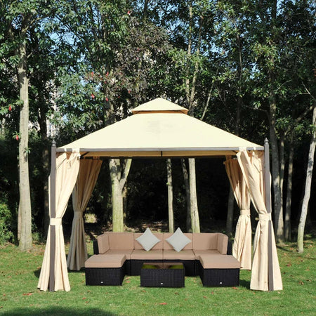 Gazebo da Giardino 3 x 3m con 4 Tende Laterali e Doppio Tetto Beige 84C-033