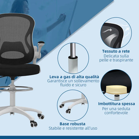 Sedia da Ufficio Ergonomica in Tessuto Traspirante con Altezza Regolabile e Braccioli Ribaltabili, 59x65x110-130 cm JK6921-628V00BKJK6