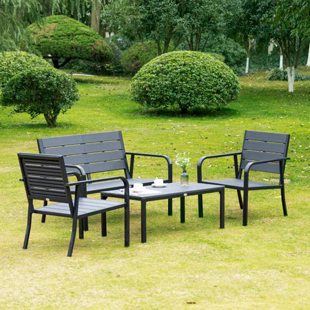 Set Salotto da Giardino da 4 Pezzi con Panchina a 2 Posti, 2 Poltrone e Tavolino, Grigio Scuro 84B-644