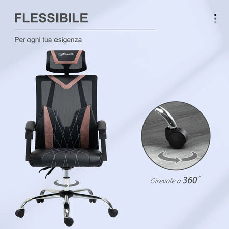 Sedia da Ufficio Ergonomica Inclinabile a 130° con Supporto Lombare e Cervicale, 58x62.5x112-120cm NM5921-469PKNM5
