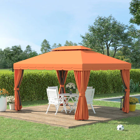 Gazebo da Giardino 4x3m con Doppio Tetto e Tende Laterali, Arancione 01-0870