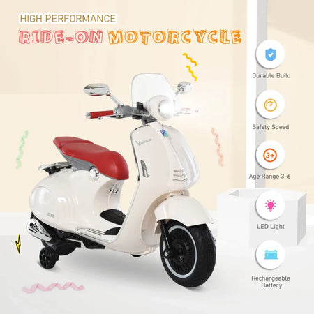 Moto Elettrica per Bambini con Licenza Ufficiale Vespa, 2 Rotelle, Luci e Suoni, 108x49x75 cm, Bianca HN7370-115WTHN7