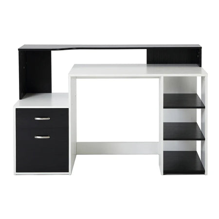 Scrivania per Ufficio con Ripiano Stampante, 2 Cassetti e 3 Mensole, in MDF Bianco e Nero, 137 x 55 x 92cm ZB4920-026ZB4