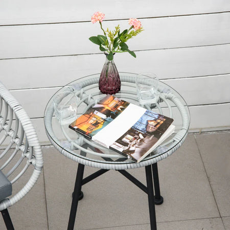 Set Mobili da Giardino in Rattan PE con 2 Sedie e Tavolino con Ripiano in Vetro, Grigio 863-085
