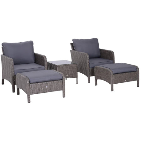 Set Mobili da Giardino 2 Poltrone 2 Poggiapiedi 1 Tavolino in Vetro Temperato Rattan Grigio 860-066