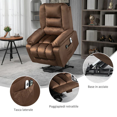 Poltrona Relax Alzapersona Reclinabile, Massaggiante e Riscaldata in Velluto, Marrone WS9713-160V90DRWS9