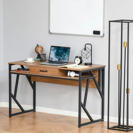 Scrivania Moderna in Metallo e MDF Stile Industriale, Mensole e Cassetto per Casa e Ufficio, 120x60x76cm Nero Marrone XV2836-376XV2
