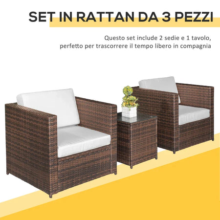Set Mobili da Giardino Rattan PE da 3 Pezzi, 2 Poltrone da Esterno, Tavolino e Cuscini, Marrone 860-073BN